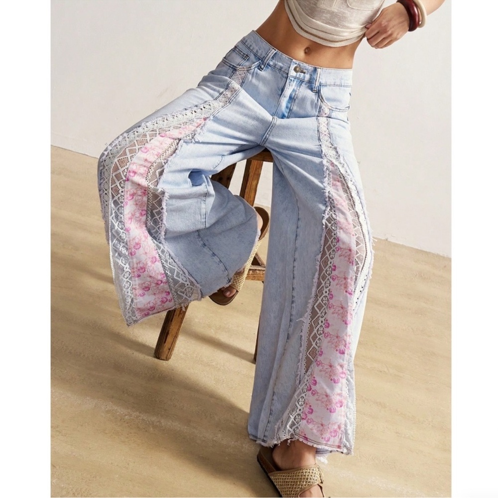 Bohemian Light Wash Floral Print Lace Panel Wide Leg Denim Jeans S M L - Picture 3 of 5